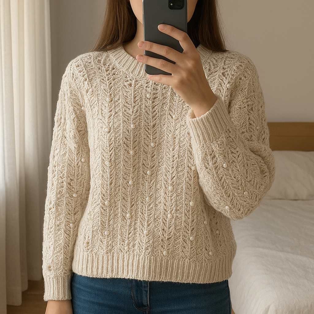 Une personne en Pull blanc crème perle laine Zara taille M debout, face à la caméra, avec une silhouette fine, dans une chambre à la lumière douce, avec une lumière naturelle filtrant par la fenêtre.