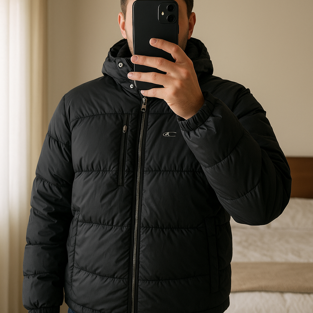 Doudoune homme O'neil debout, face à la caméra, dans une chambre à la lumière douce, avec une lumière naturelle filtrant par la fenêtre.