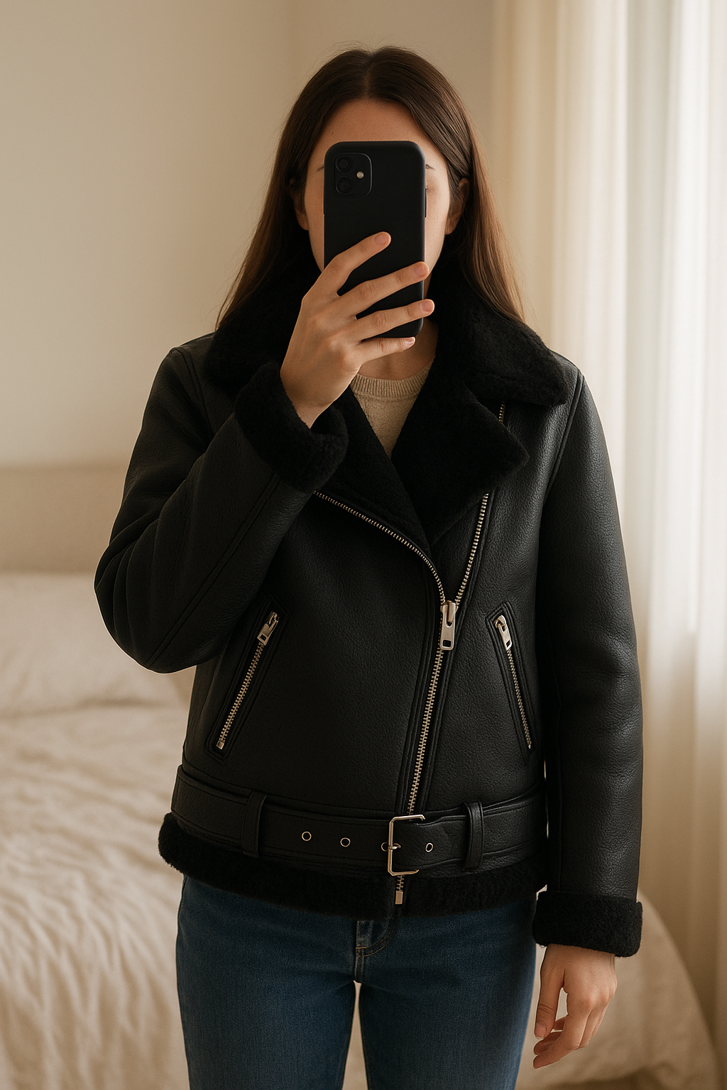 Veste d’hiver debout, face à la caméra, dans une chambre à la lumière douce, avec une lumière naturelle filtrant par la fenêtre.