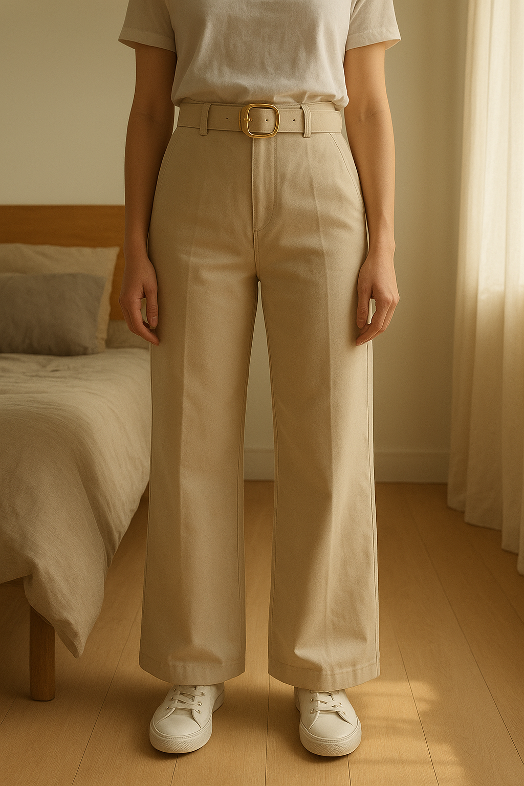 Pantalon beige coupe droite - SHEIN- taille S debout, face à la caméra, dans une chambre à la lumière douce, avec une lumière naturelle filtrant par la fenêtre.