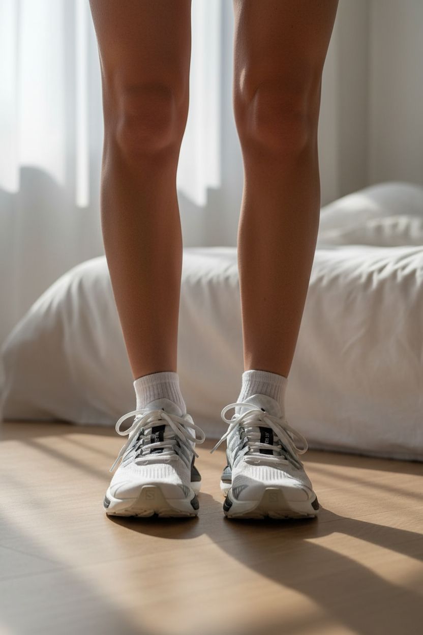 Salomon chaussure 38 2/3 debout, face à la caméra, dans une chambre à la lumière douce, avec une lumière naturelle filtrant par la fenêtre.