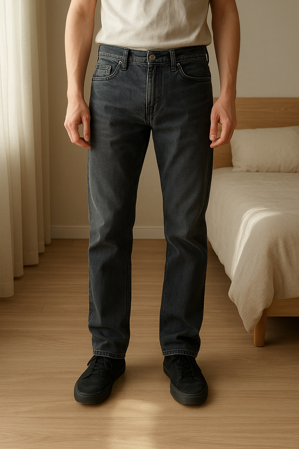 Jeans nero Ovs in piedi, rivolto verso la fotocamera, in una camera da letto con luce soffusa e luce naturale che filtra dalla finestra.