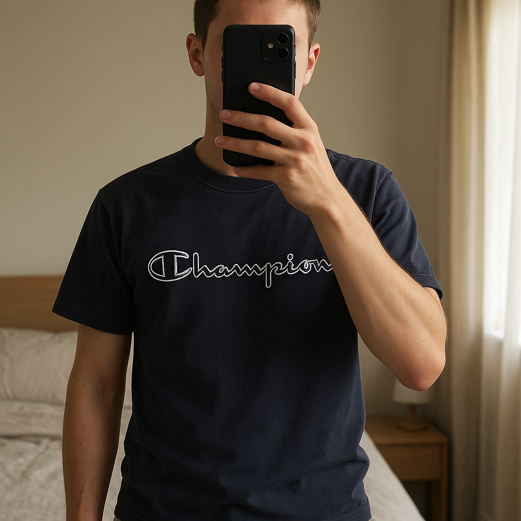 Tshirt vintage Champion debout, face à la caméra, dans une chambre à la lumière douce, avec une lumière naturelle filtrant par la fenêtre.