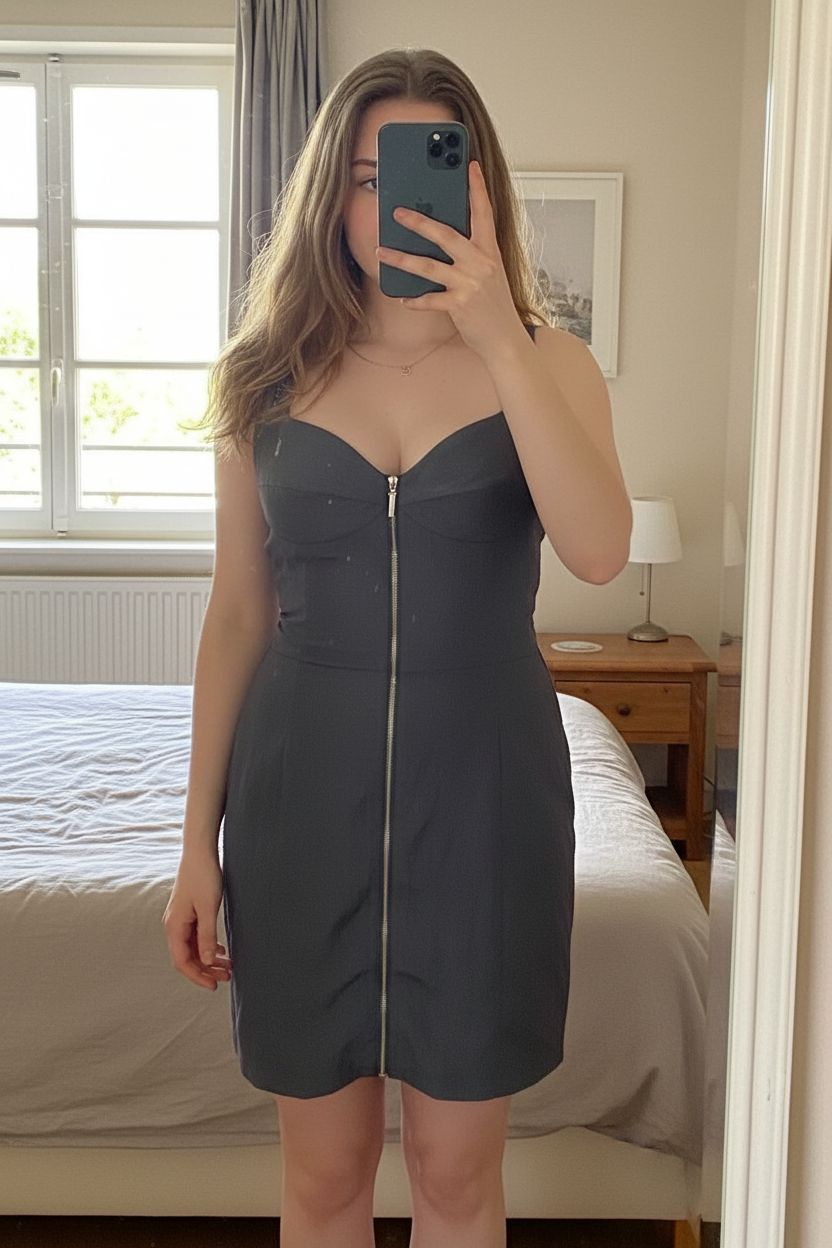 Robe à fermeture éclair debout, face à la caméra, dans une chambre à la lumière douce, avec une lumière naturelle filtrant par la fenêtre.