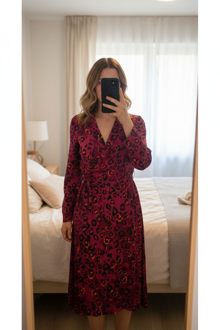 Red Herring red burgundy pink leopard print wrap dress UK 14 Colourful Animal Valentines standing straight facing the camera, in a softly lit bedroom setting, with gentle natural light filtering through a window.