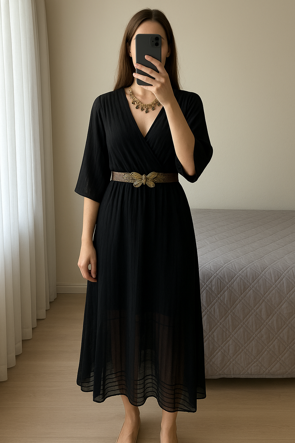 Robe gothique debout, face à la caméra, dans une chambre à la lumière douce, avec une lumière naturelle filtrant par la fenêtre.