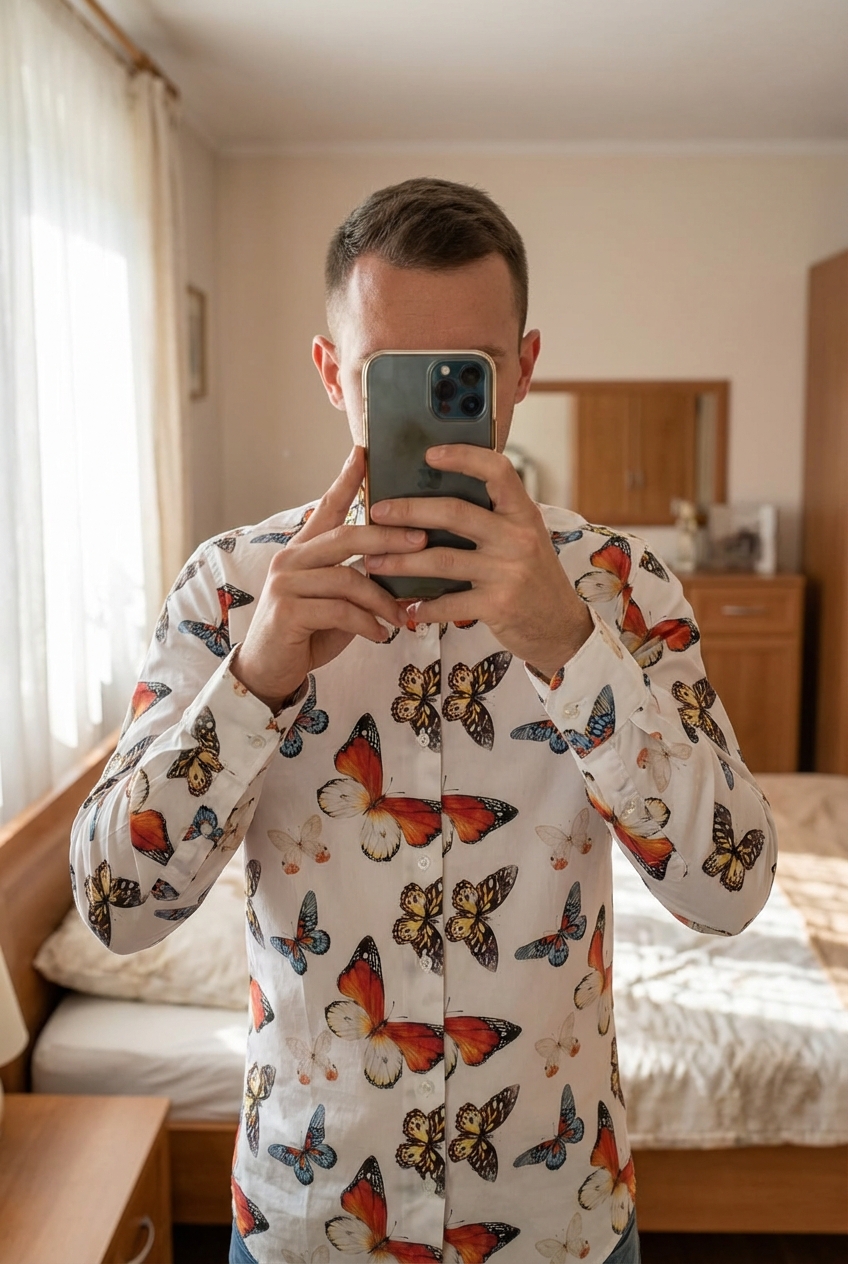 Chemise Devred debout, face à la caméra, dans une chambre à la lumière douce, avec une lumière naturelle filtrant par la fenêtre.