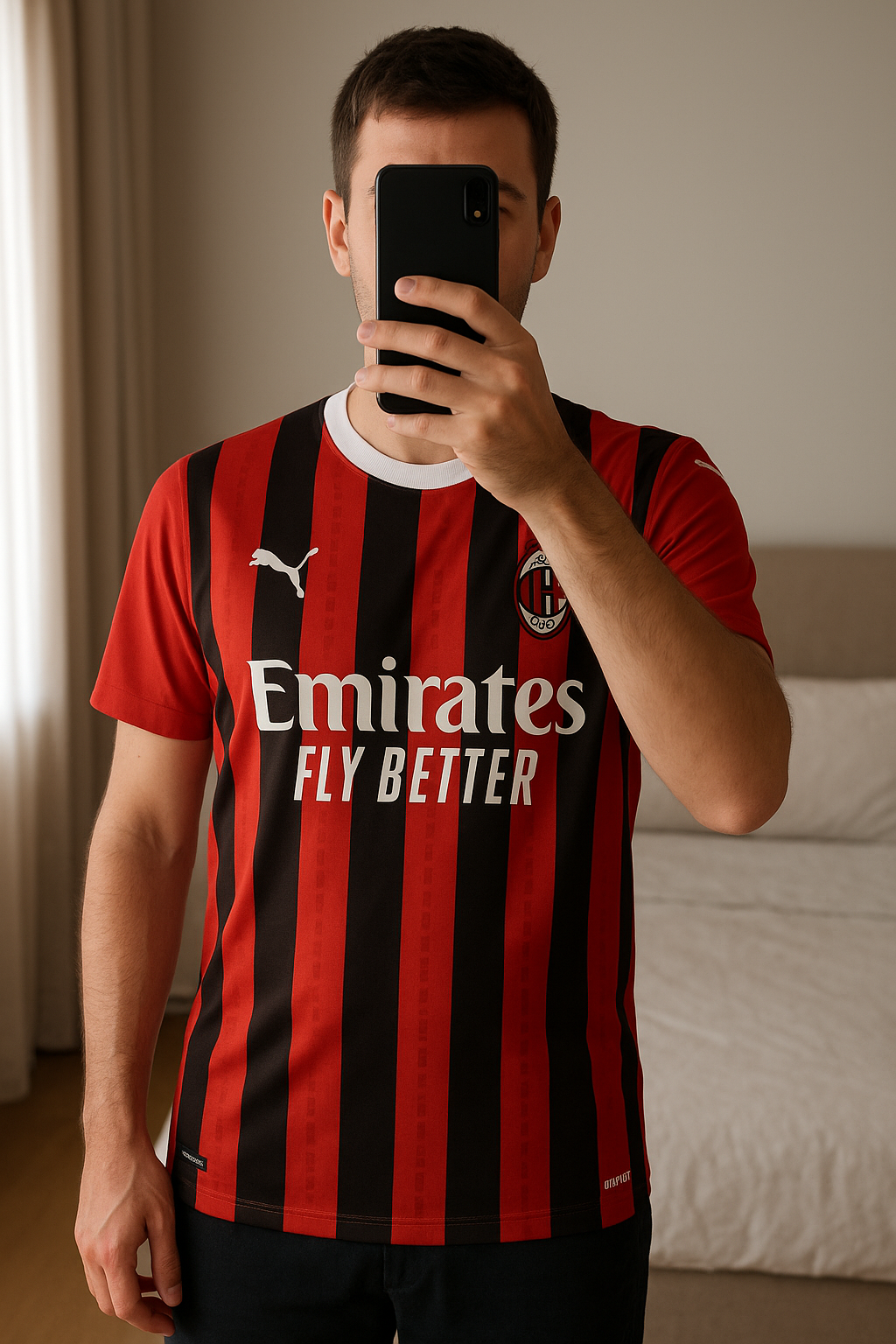 Ac Milan 24/25 Thuisshirt standing straight facing the camera, in a softly lit bedroom setting, with gentle natural light filtering through a window.