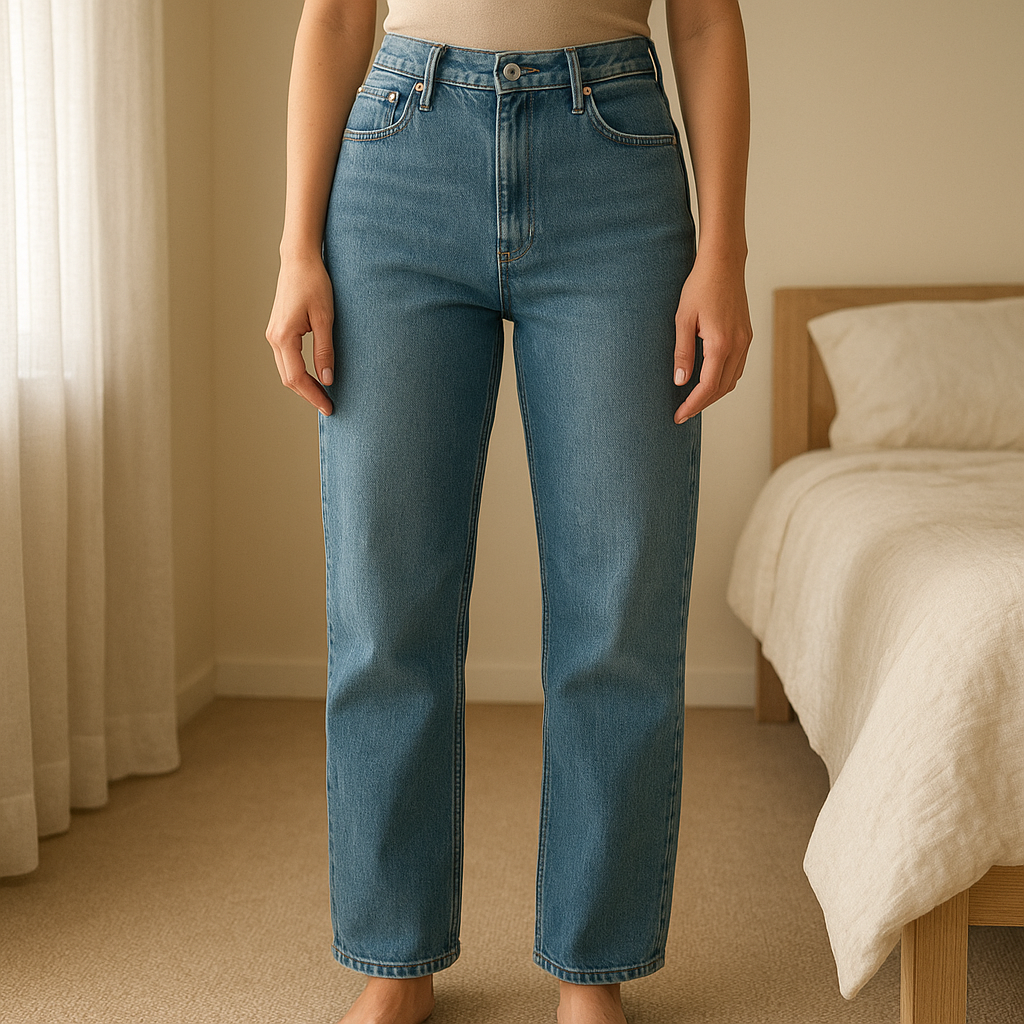 Jeans skinny in piedi, rivolto verso la fotocamera, in una camera da letto con luce soffusa e luce naturale che filtra dalla finestra.
