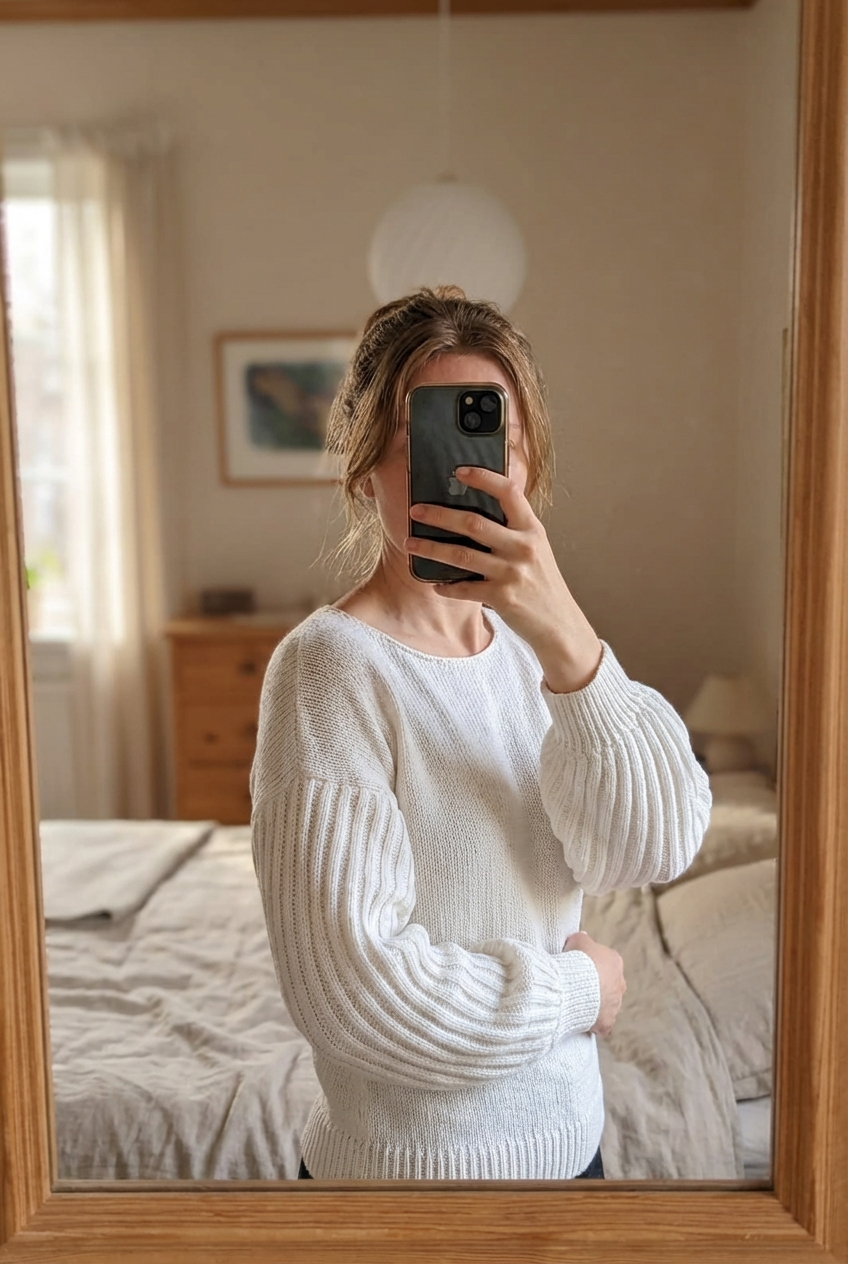 Lustre blanc simple debout, face à la caméra, dans une chambre à la lumière douce, avec une lumière naturelle filtrant par la fenêtre.