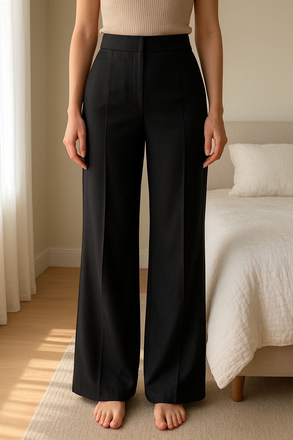 Gonna lunga nera Motivi modello sirenetta in piedi, rivolto verso la fotocamera, in una camera da letto con luce soffusa e luce naturale che filtra dalla finestra.