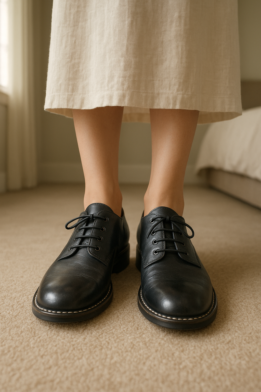 Sublimes mocassins en cuir. debout, face à la caméra, dans une chambre à la lumière douce, avec une lumière naturelle filtrant par la fenêtre.
