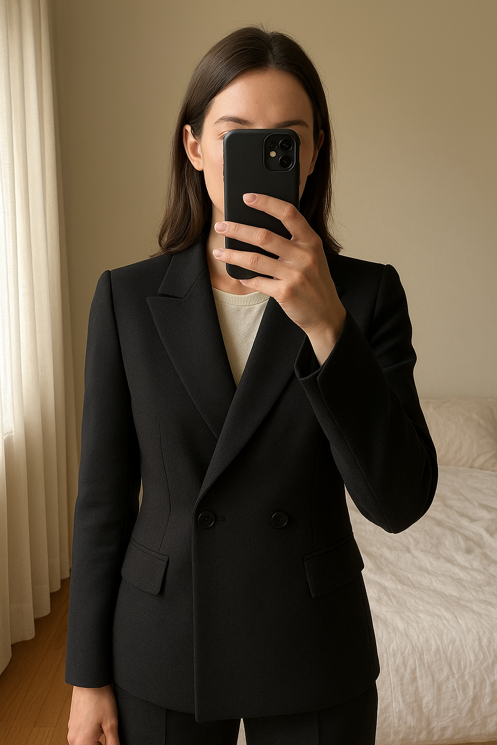 Blazer habillé See U Soon debout, face à la caméra, dans une chambre à la lumière douce, avec une lumière naturelle filtrant par la fenêtre.