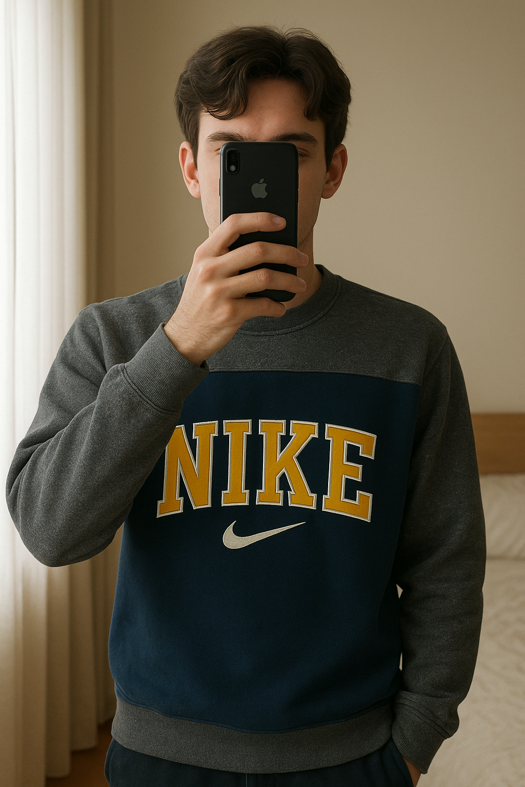 Sweat Nike Rework rare debout, face à la caméra, dans une chambre à la lumière douce, avec une lumière naturelle filtrant par la fenêtre.
