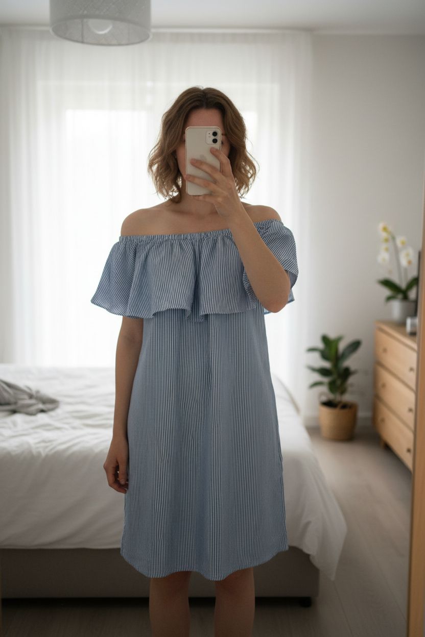 Robe bustier debout, face à la caméra, dans une chambre à la lumière douce, avec une lumière naturelle filtrant par la fenêtre.