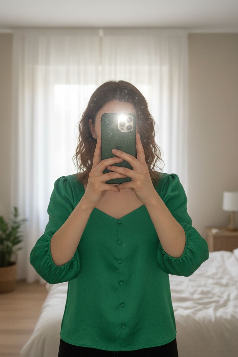 Bouse mi saison manche 3/4 verte taille 38 debout, face à la caméra, dans une chambre à la lumière douce, avec une lumière naturelle filtrant par la fenêtre.