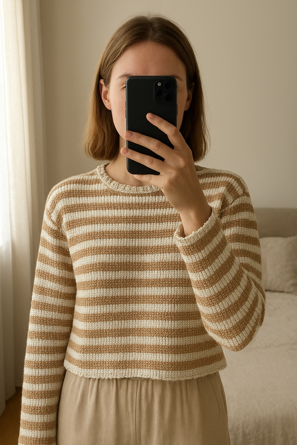 Cienki sweterek luźny oversizowy, ażurowy, w paski, nowy z metką standing straight facing the camera, in a softly lit bedroom setting, with gentle natural light filtering through a window.