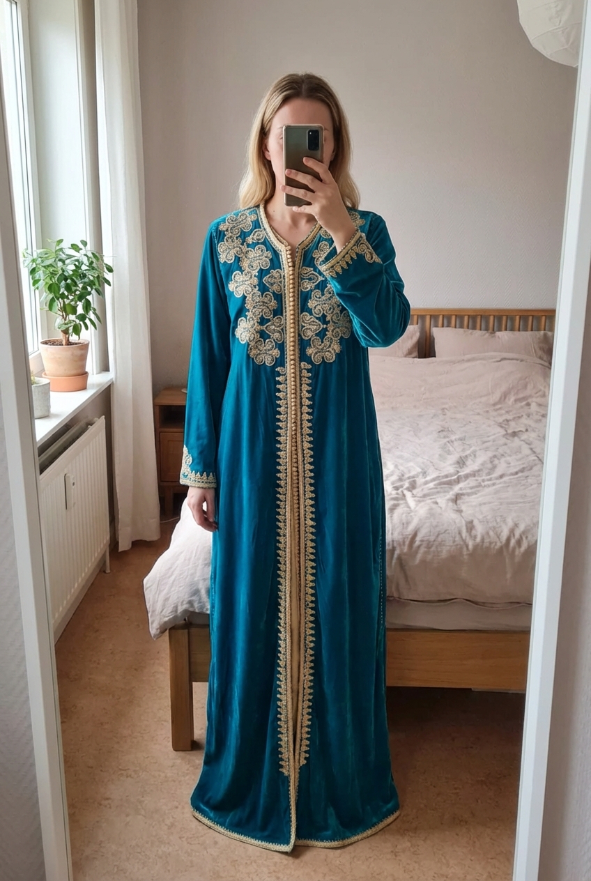 Robe Traditionnelle Marocaine Double Couche Caftan Plus Ceinture Traditionnelle debout, face à la caméra, dans une chambre à la lumière douce, avec une lumière naturelle filtrant par la fenêtre.