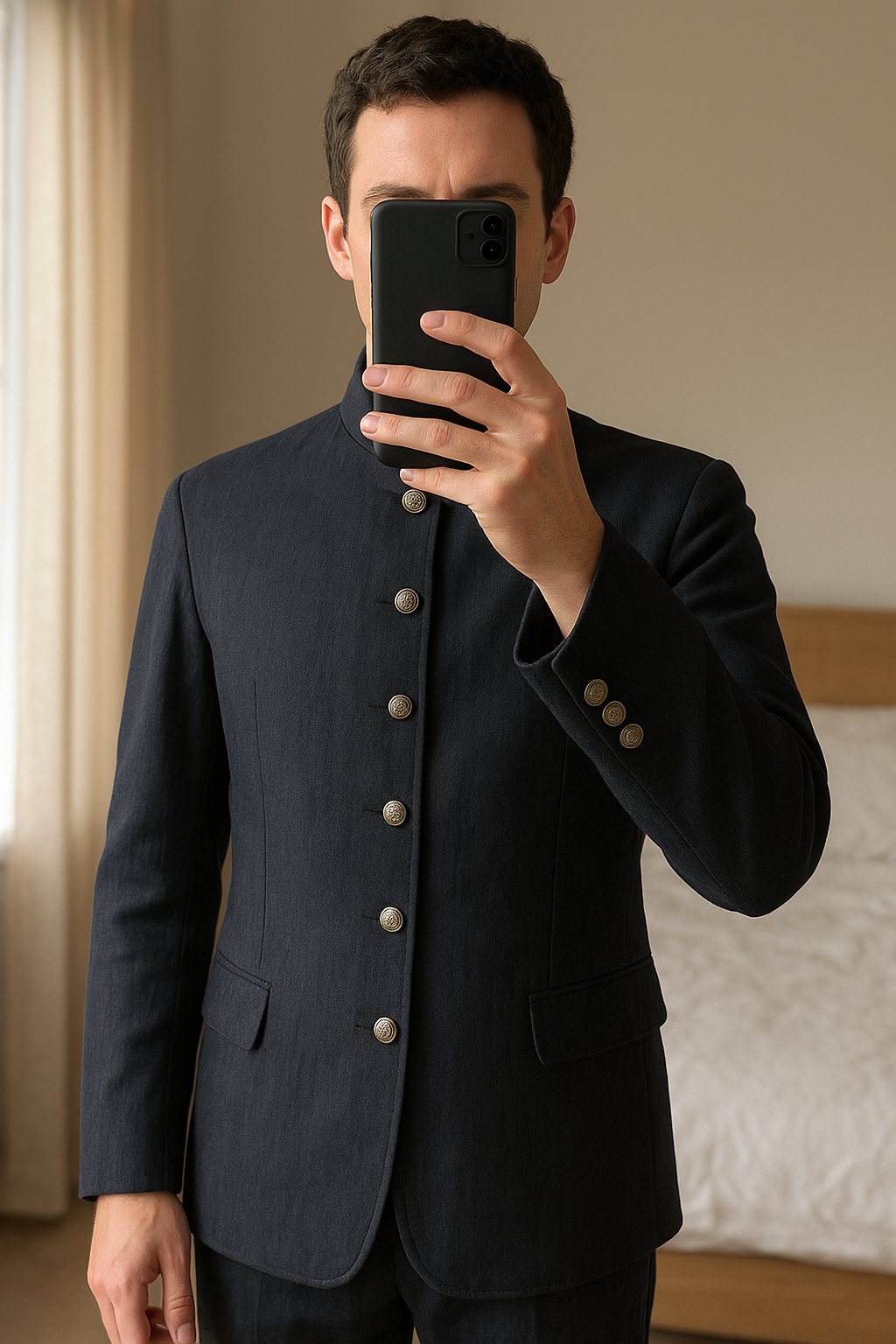 Black Tag by Zara Man in piedi, rivolto verso la fotocamera, in una camera da letto con luce soffusa e luce naturale che filtra dalla finestra.