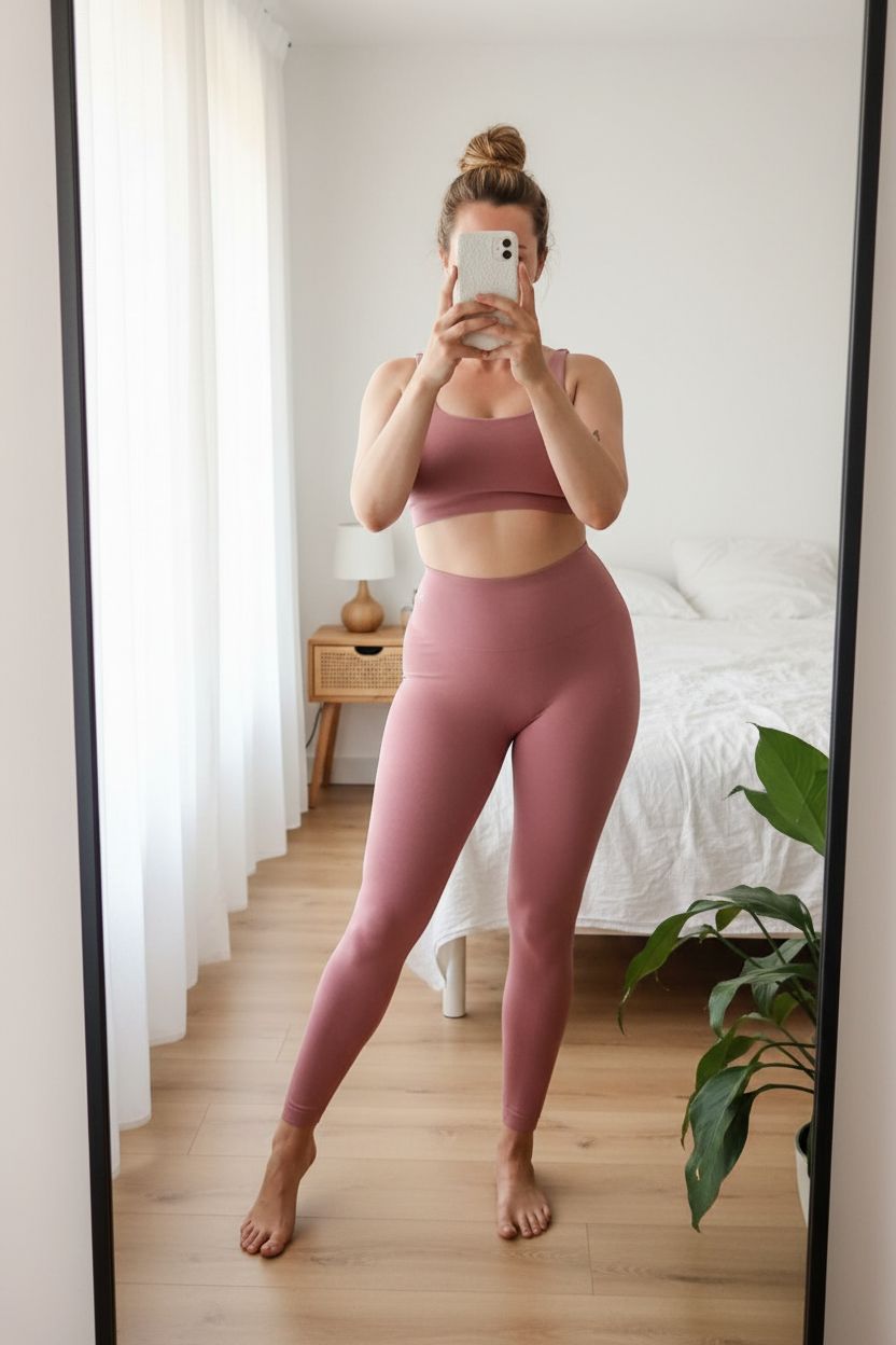 Une personne en Ensemble brassière et legging de yoga Yogasearcher cambrant légèrement le dos pour une pose dynamique, dans une chambre à la lumière douce, avec une lumière naturelle filtrant par la fenêtre.