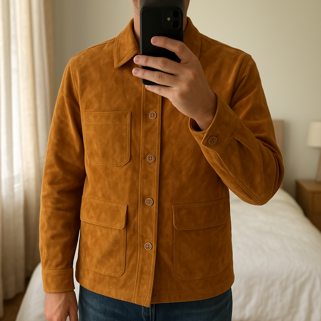 Giacca leather suede jacket in renna. in piedi, rivolto verso la fotocamera, in una camera da letto con luce soffusa e luce naturale che filtra dalla finestra.