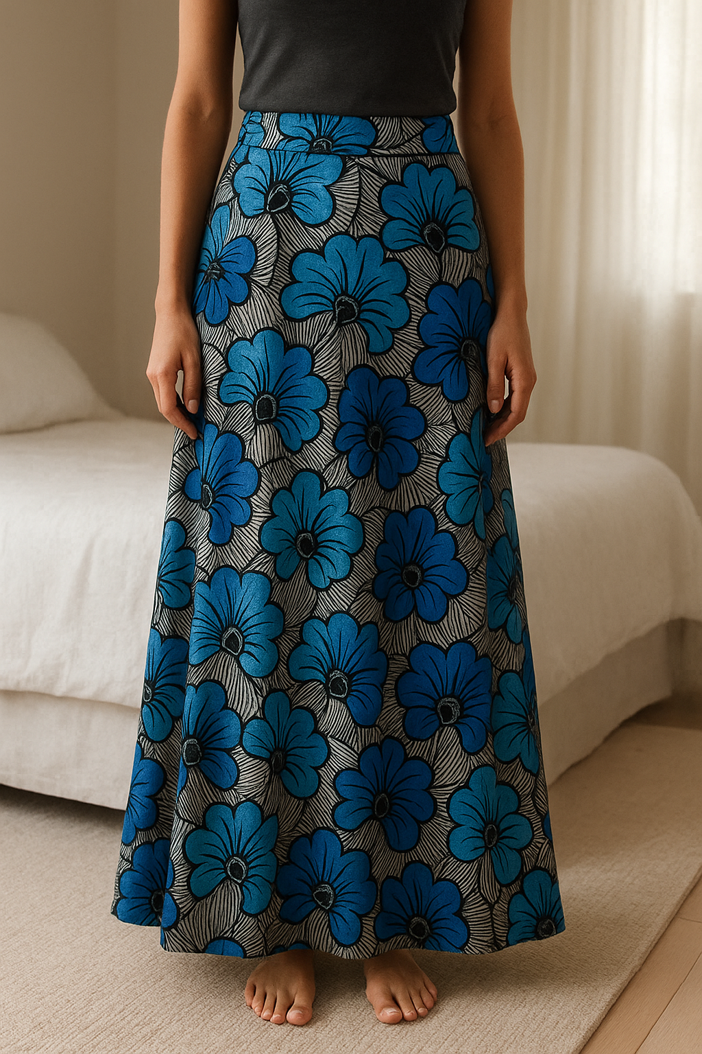 Jupe longue bleue en tissu wax debout, face à la caméra, dans une chambre à la lumière douce, avec une lumière naturelle filtrant par la fenêtre.