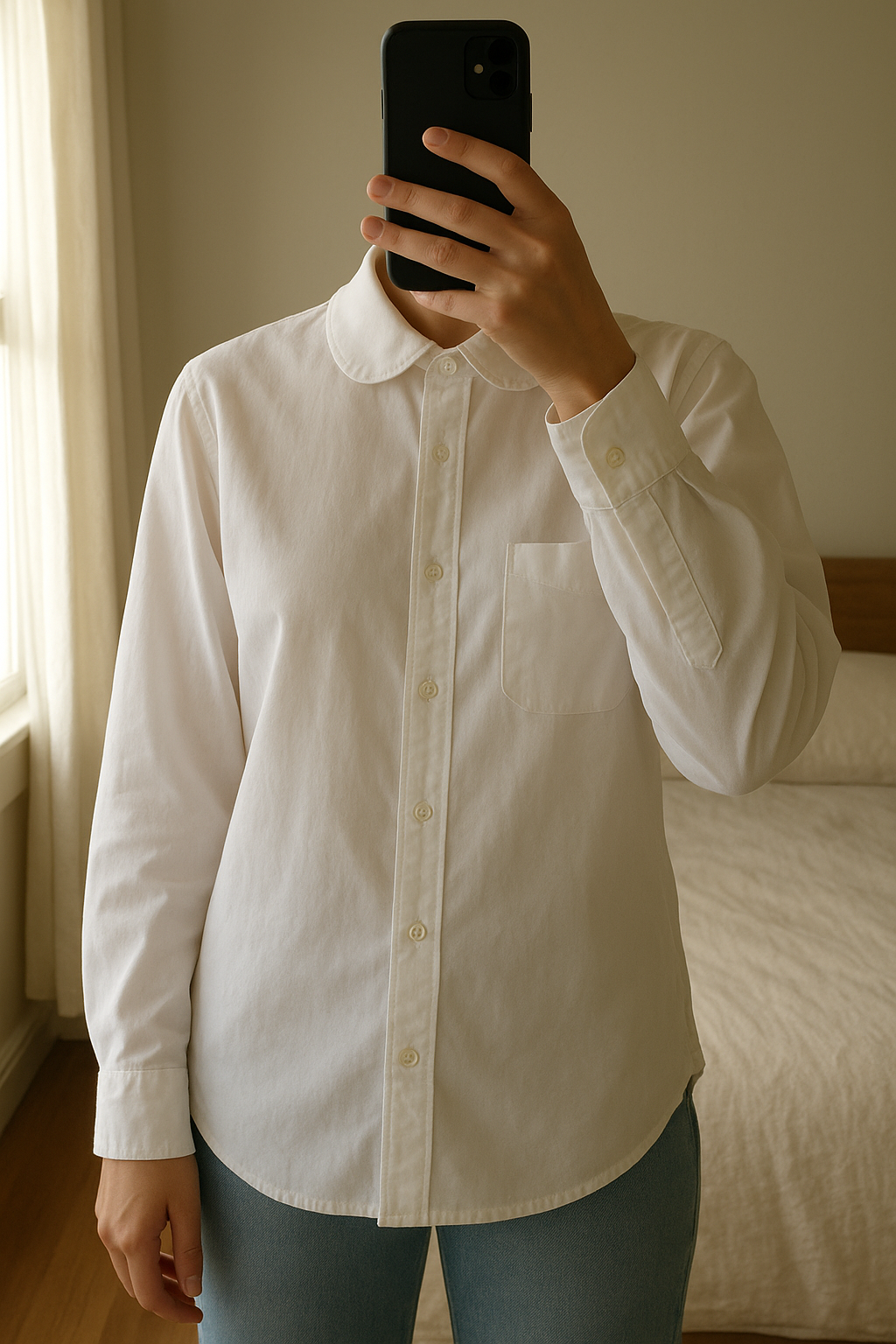 Margaret Howell White Button-Up Shirt – Size 10 – Made in England standing straight facing the camera, in a softly lit bedroom setting, with gentle natural light filtering through a window.