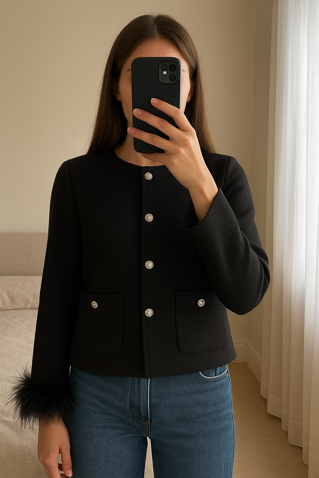 Veste élégante noir taille L très bonne état debout, face à la caméra, dans une chambre à la lumière douce, avec une lumière naturelle filtrant par la fenêtre.