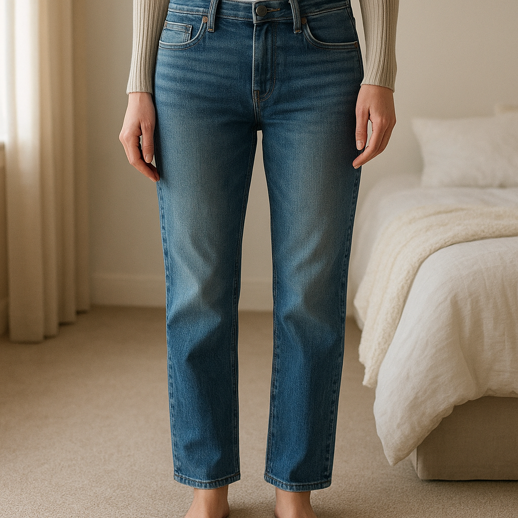 Jeans Diesel taille 36 debout, face à la caméra, dans une chambre à la lumière douce, avec une lumière naturelle filtrant par la fenêtre.