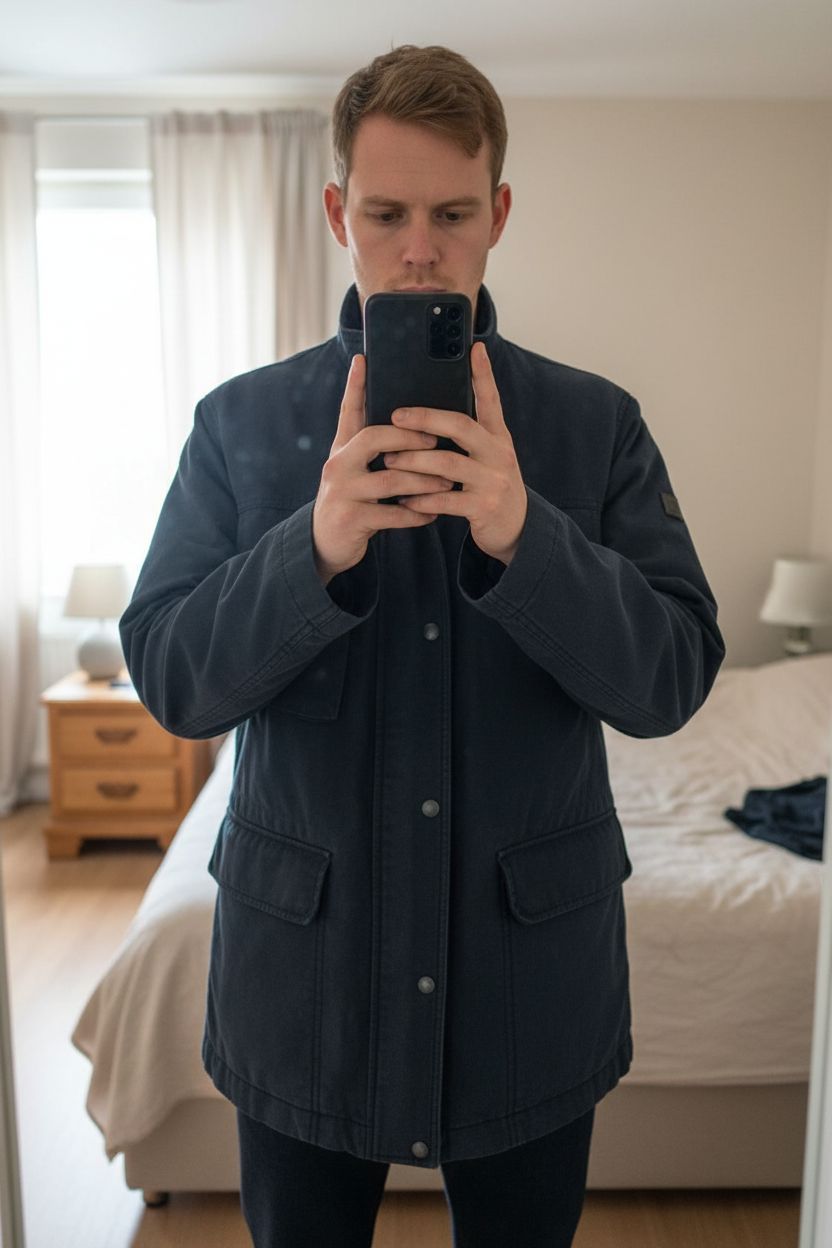 Veste Boss Orange L bleu marine debout, face à la caméra, dans une chambre à la lumière douce, avec une lumière naturelle filtrant par la fenêtre.