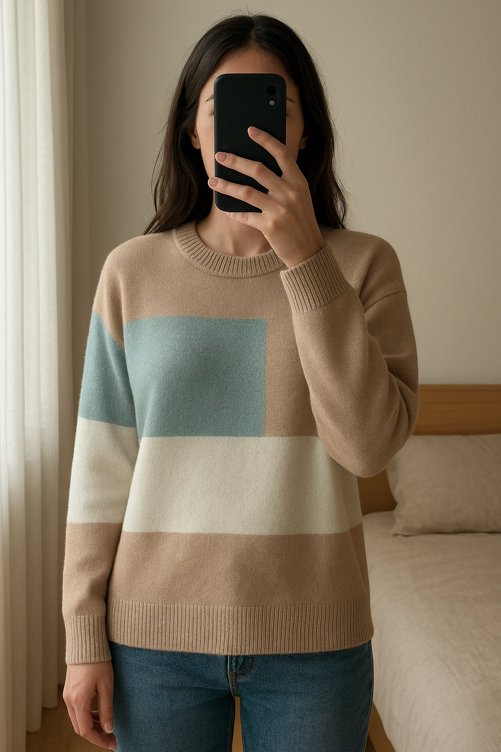 Pull original tricolore col rond beige blanc gris Shein taille S debout, face à la caméra, dans une chambre à la lumière douce, avec une lumière naturelle filtrant par la fenêtre.