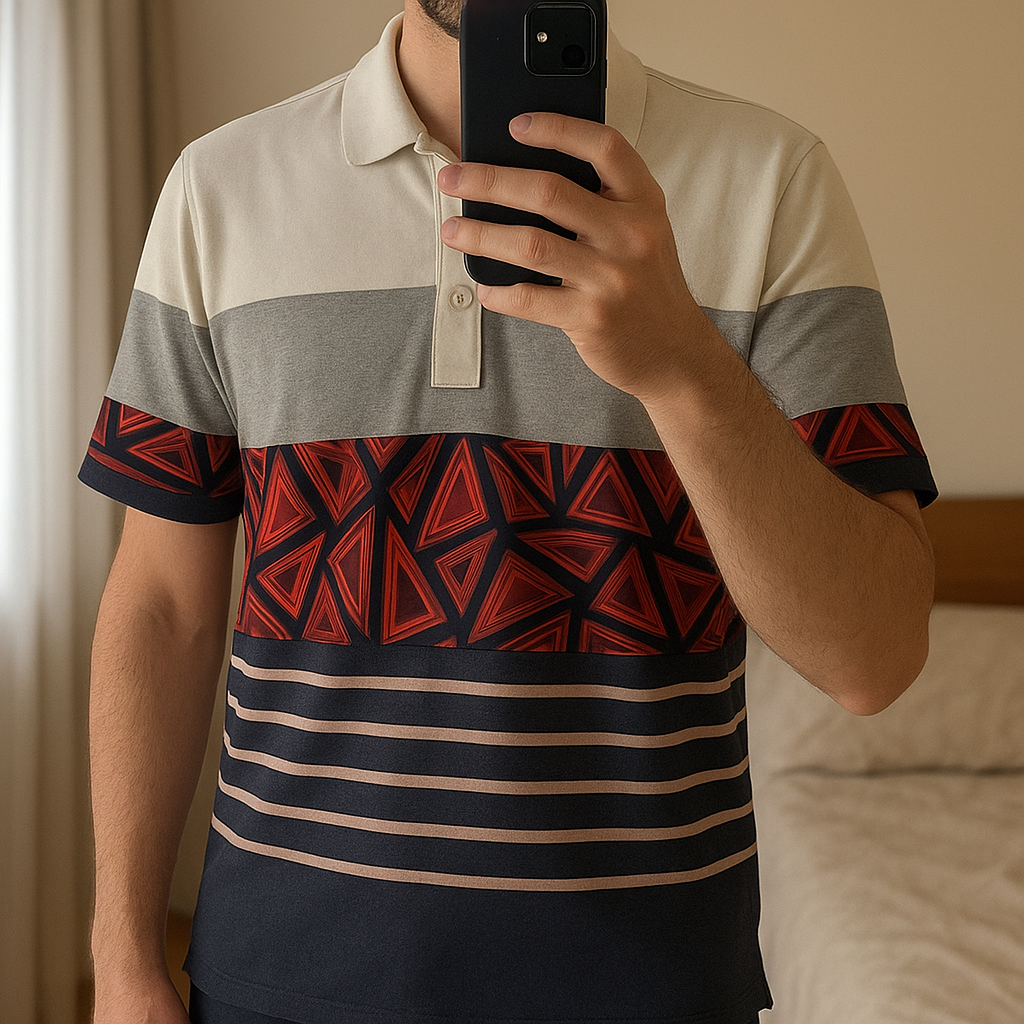 Polo desigual homme XL - polo uomo in piedi, rivolto verso la fotocamera, in una camera da letto con luce soffusa e luce naturale che filtra dalla finestra.