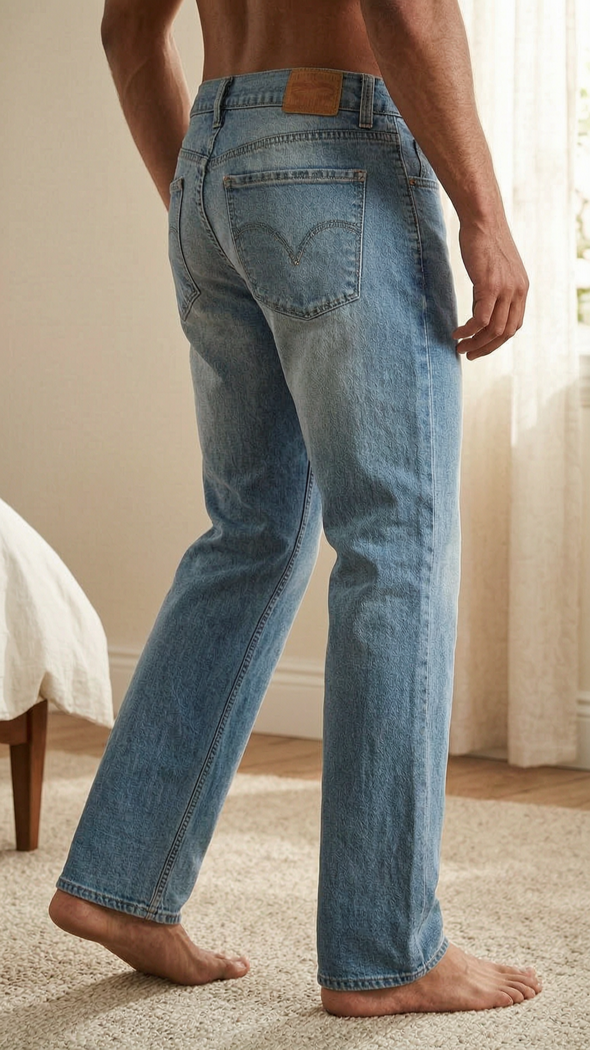 Une personne en Jeans 041 femme Levi's 505 Straight bleu taille W30 L32 cambrant légèrement le dos pour une pose dynamique, dans une chambre à la lumière douce, avec une lumière naturelle filtrant par la fenêtre.