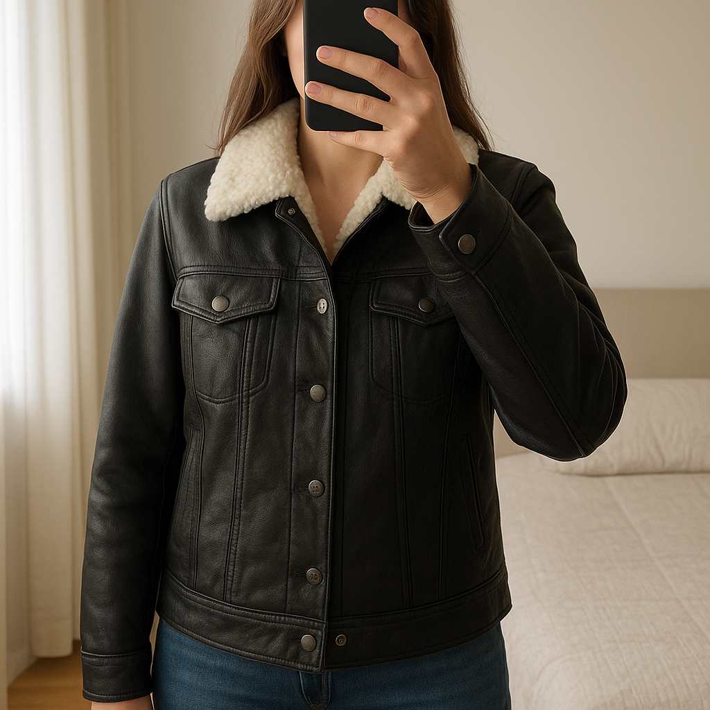 Leather forecast genuine leather shacket standing straight facing the camera, in a softly lit bedroom setting, with gentle natural light filtering through a window.