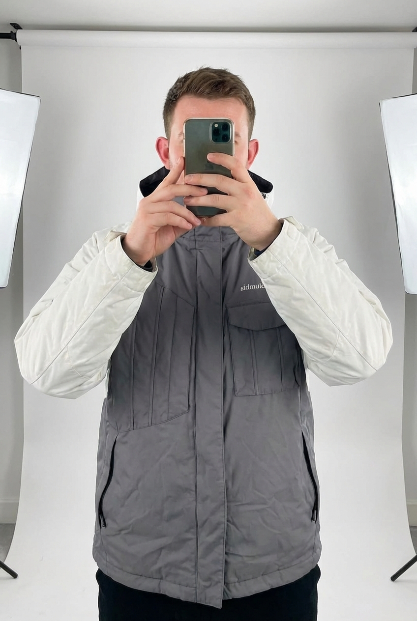 Une personne en Manteau gris blanc Columbia Sportswear - Taille M debout, face à la caméra, avec une silhouette légèrement plus ronde, dans un studio photo épuré avec fond blanc et éclairage doux.