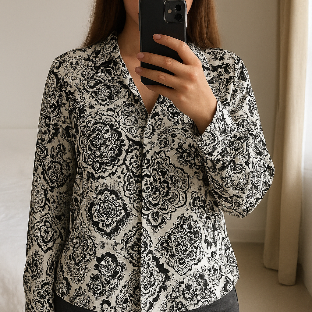 Chemisier Zara Satin debout, face à la caméra, dans une chambre à la lumière douce, avec une lumière naturelle filtrant par la fenêtre.