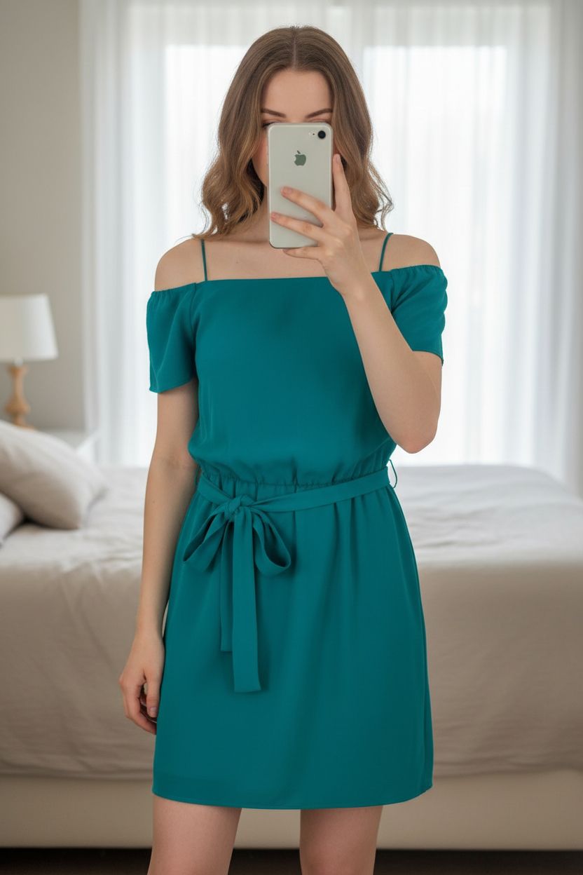 Robe short limbobis debout, face à la caméra, dans une chambre à la lumière douce, avec une lumière naturelle filtrant par la fenêtre.