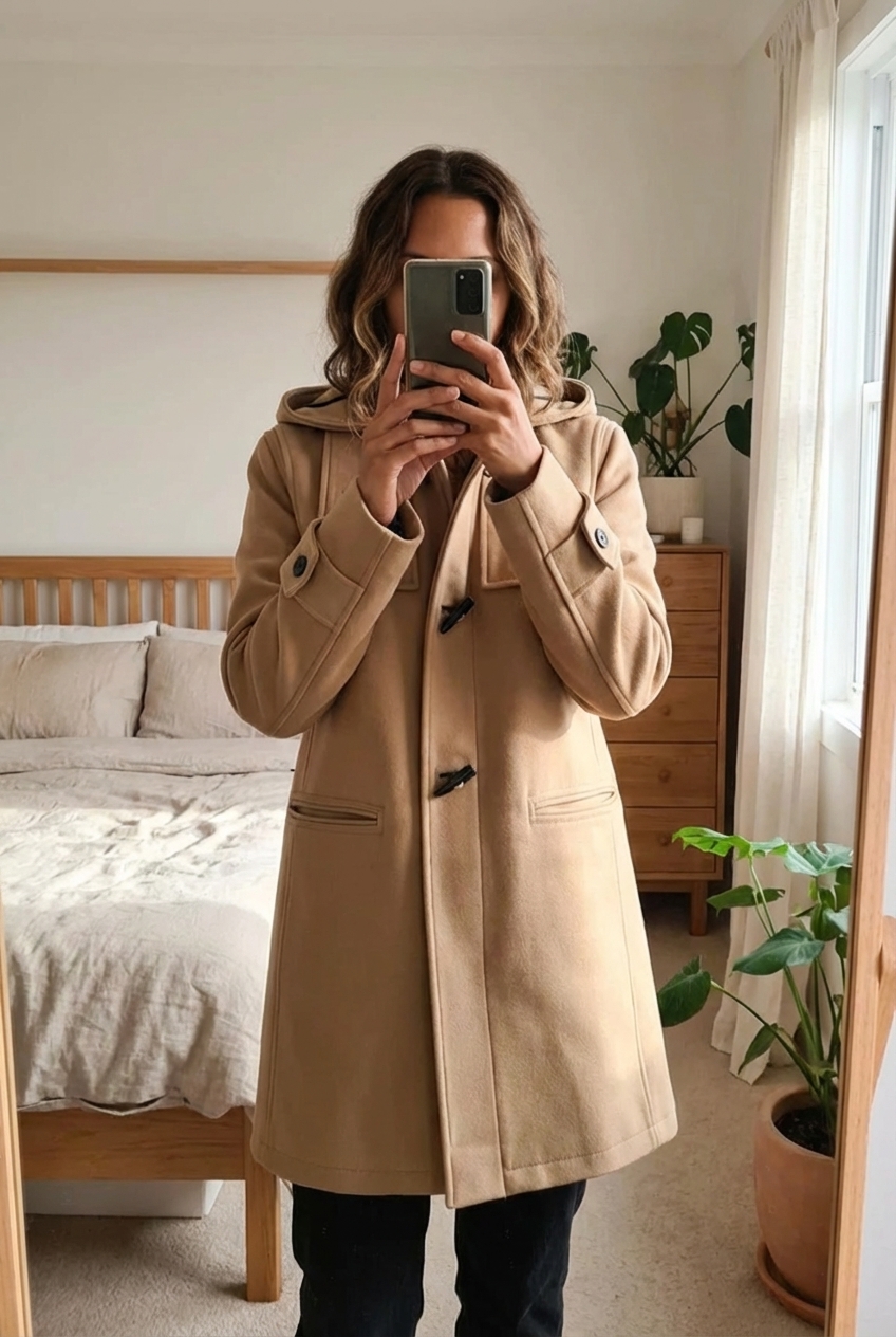 Une personne en Manteau Sandro Paris laine & cachemire taille S debout, face à la caméra, avec une silhouette fine, dans une chambre à la lumière douce, avec une lumière naturelle filtrant par la fenêtre.