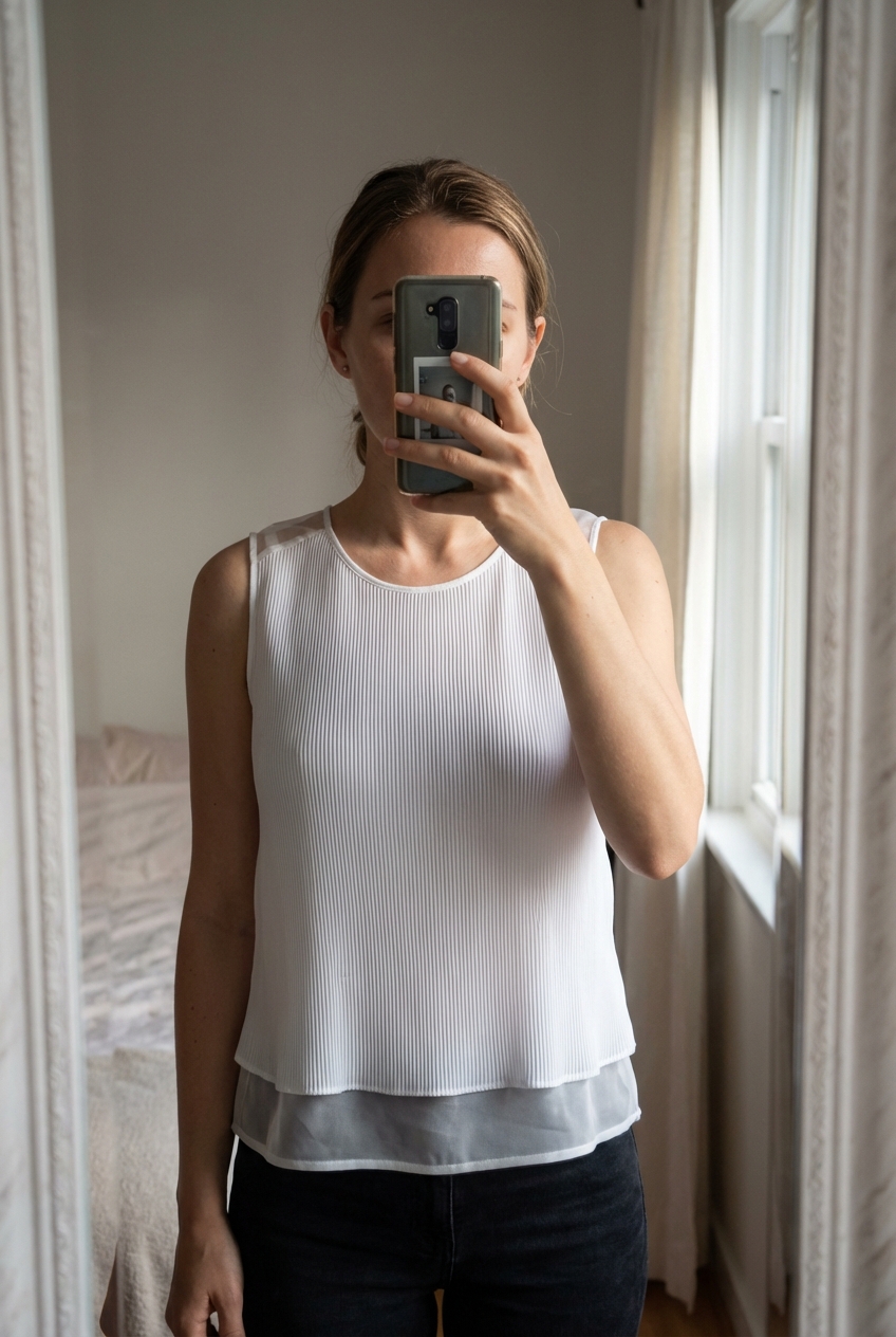 Haut fluide sandro de pie, mirando a la cámara, en un dormitorio con luz suave y natural filtrándose por la ventana.