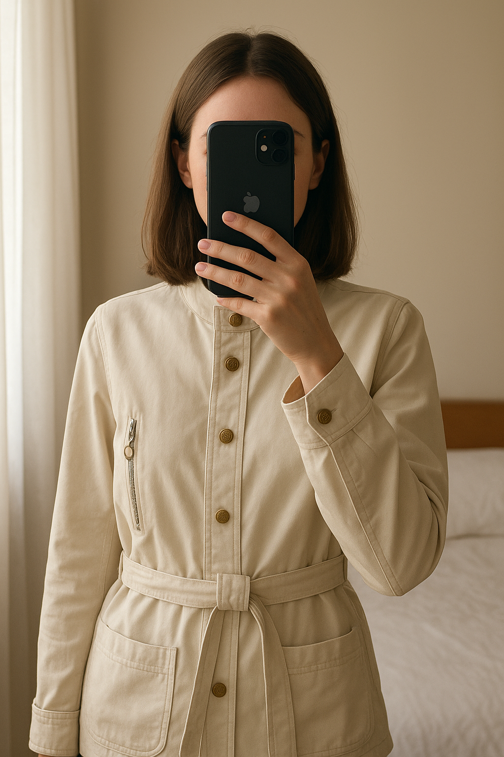 Veste taille 38 debout, face à la caméra, dans une chambre à la lumière douce, avec une lumière naturelle filtrant par la fenêtre.