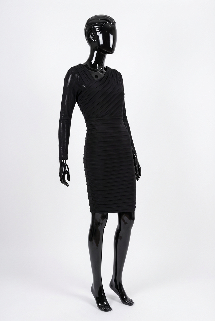 a glossy black plastic mannequin with no facial features in Bodycon Mint Velvet Black Pleated Dress Size 18 arching their back slightly for a dynamic pose, in a clean photo studio with seamless white backdrop and softbox lighting.