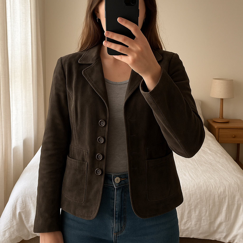 Blazer cintré gris femme M - Giacca blazer in piedi, rivolto verso la fotocamera, in una camera da letto con luce soffusa e luce naturale che filtra dalla finestra.