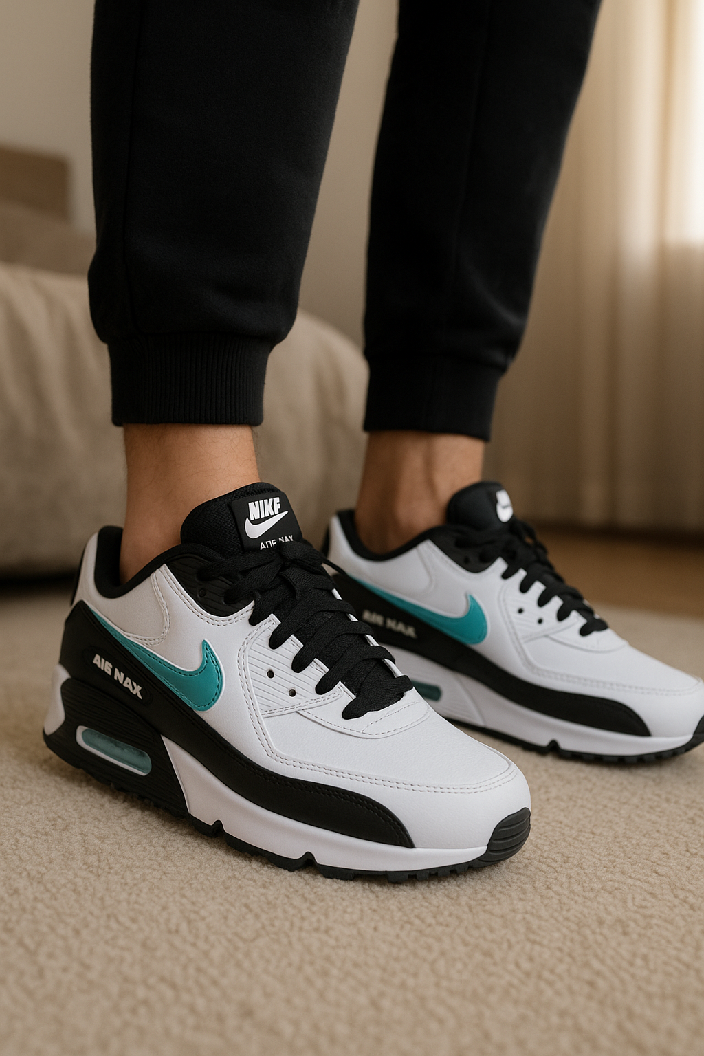 Air Max LTD 3 neuves debout, face à la caméra, dans une chambre à la lumière douce, avec une lumière naturelle filtrant par la fenêtre.