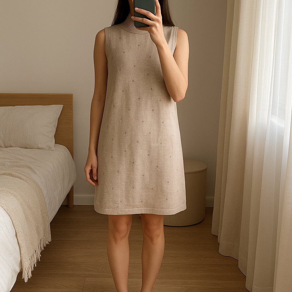 Vestito Zara in piedi, rivolto verso la fotocamera, in una camera da letto con luce soffusa e luce naturale che filtra dalla finestra.