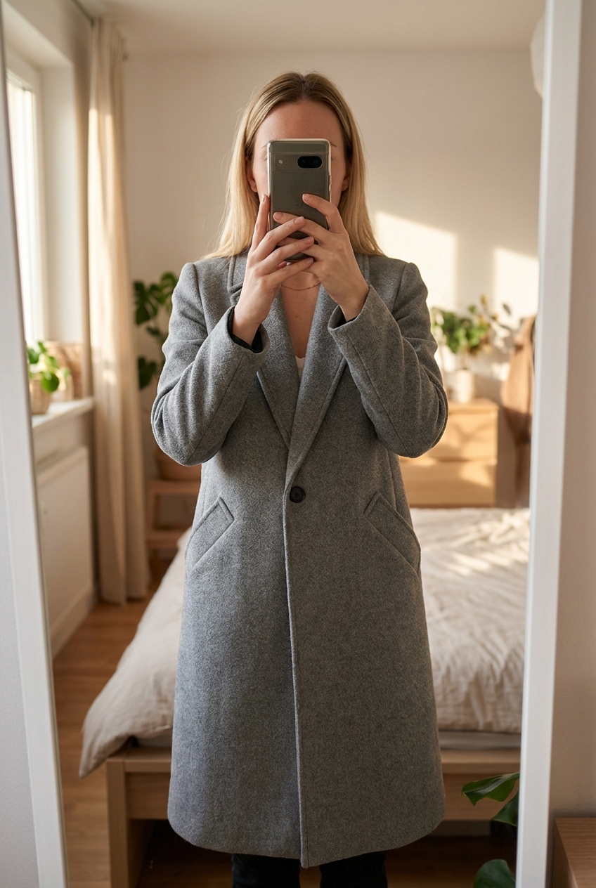 Manteau Zara gris debout, face à la caméra, dans une chambre à la lumière douce, avec une lumière naturelle filtrant par la fenêtre.