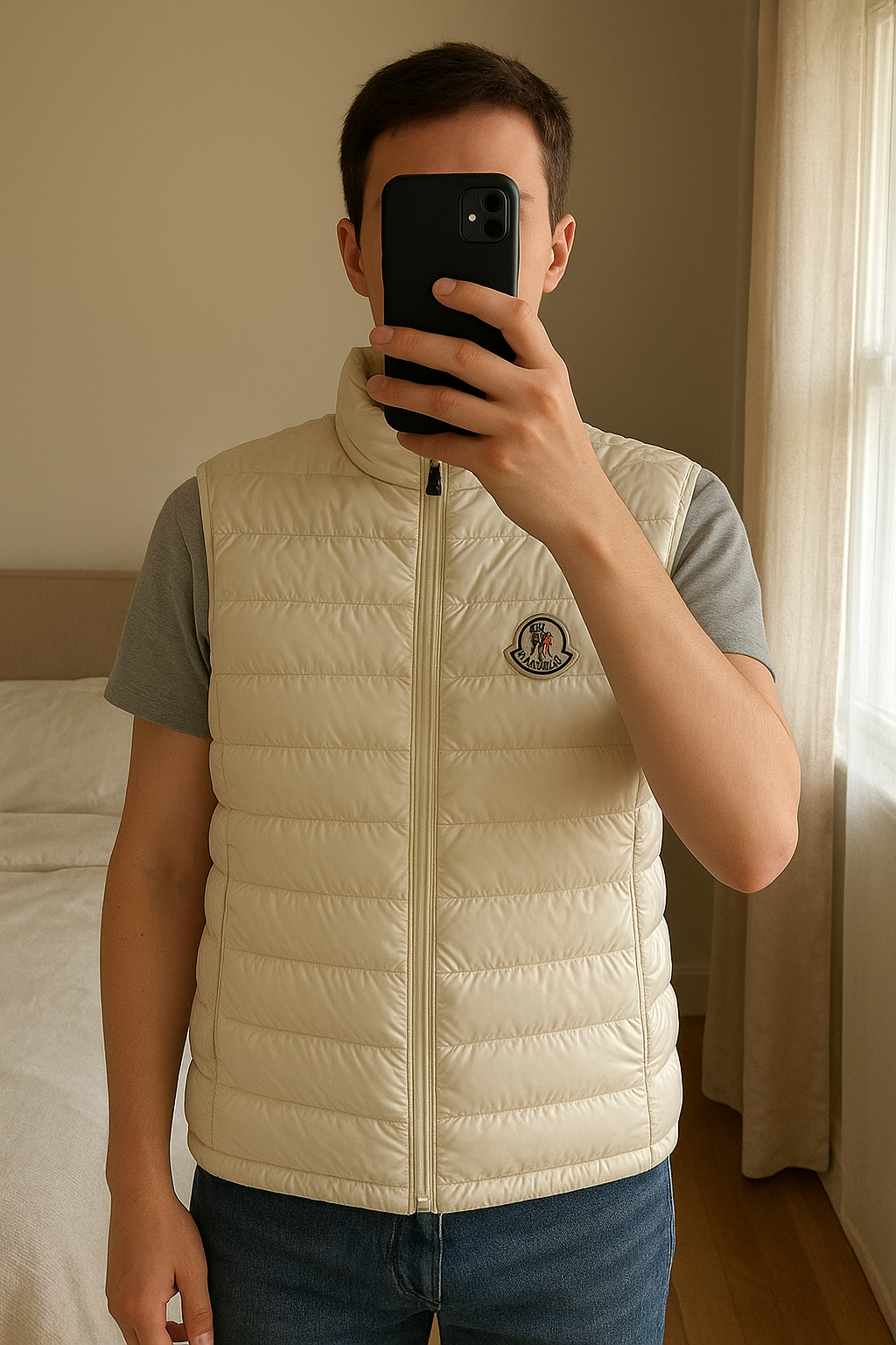 Veste sans manches Jott debout, face à la caméra, dans une chambre à la lumière douce, avec une lumière naturelle filtrant par la fenêtre.