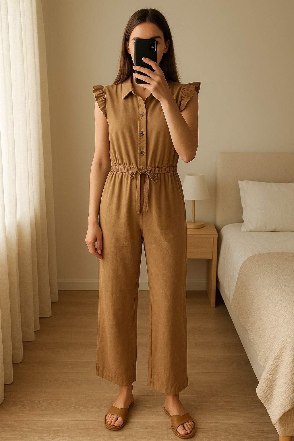 Combie debout, face à la caméra, dans une chambre à la lumière douce, avec une lumière naturelle filtrant par la fenêtre.