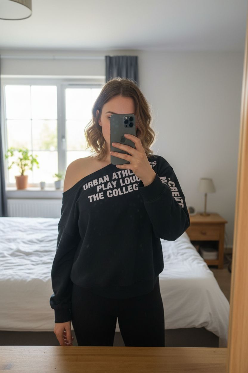 🖤 Stradivarius pull noir épaule dénudée debout, face à la caméra, dans une chambre à la lumière douce, avec une lumière naturelle filtrant par la fenêtre.