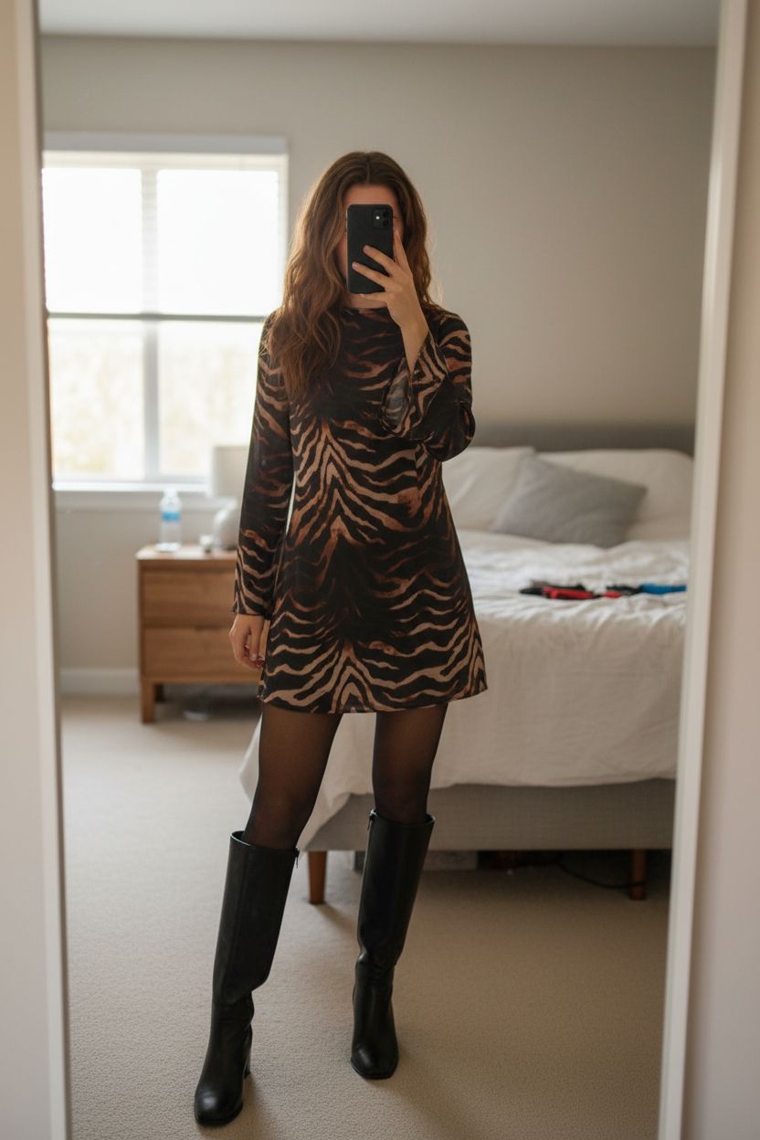 Ladies animal print mini dress standing straight facing the camera, in a softly lit bedroom setting, with gentle natural light filtering through a window.