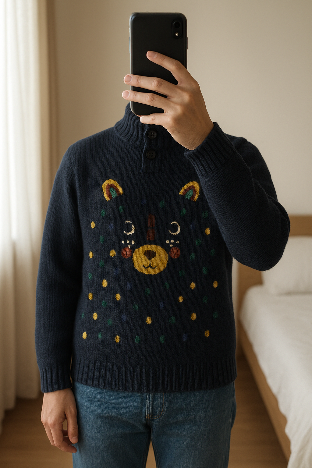 Pull hiver bleu Tape à l'œil 6 mois debout, face à la caméra, dans une chambre à la lumière douce, avec une lumière naturelle filtrant par la fenêtre.